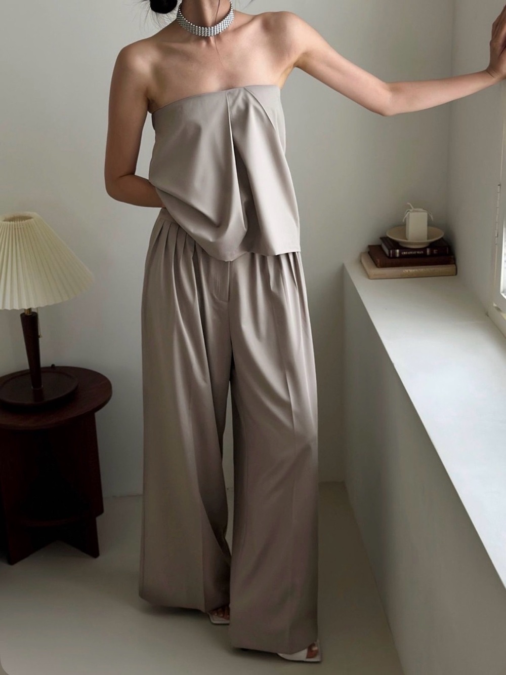 NEW The Frankie Shop Grey High Rise Wide Leg Pleated Catalina Trousers